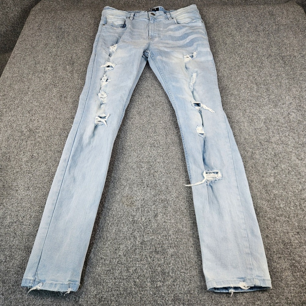 Arketype Mens Distressed Slim Fit Jeans Light‎ Wash Blue Ripped Denim 34x34